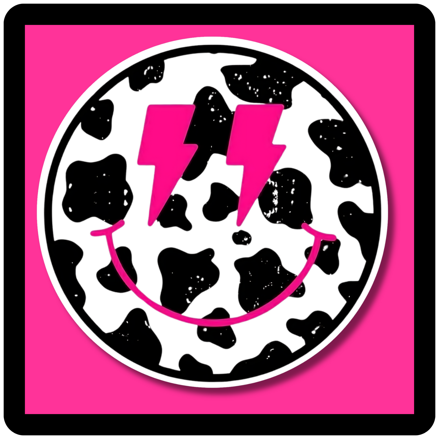 Smiley Face w/ Lightning Bot Cow Print Sticker