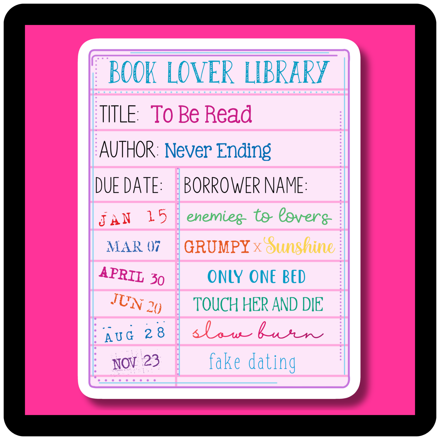 Book Lover Romance Tropes Library Card Sticker