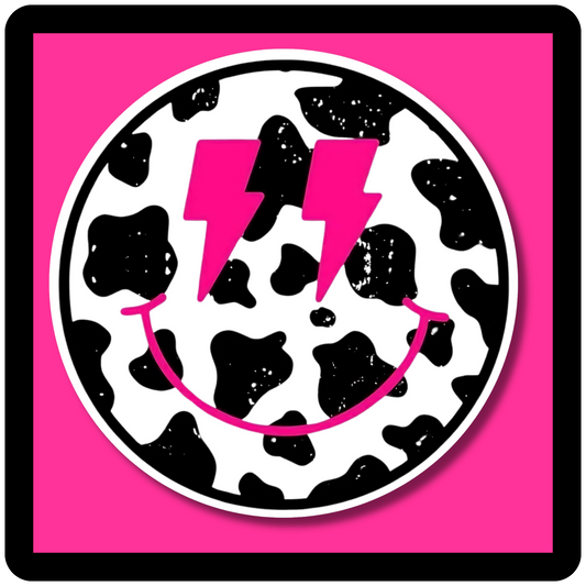 Smiley Face w/ Lightning Bot Cow Print Sticker